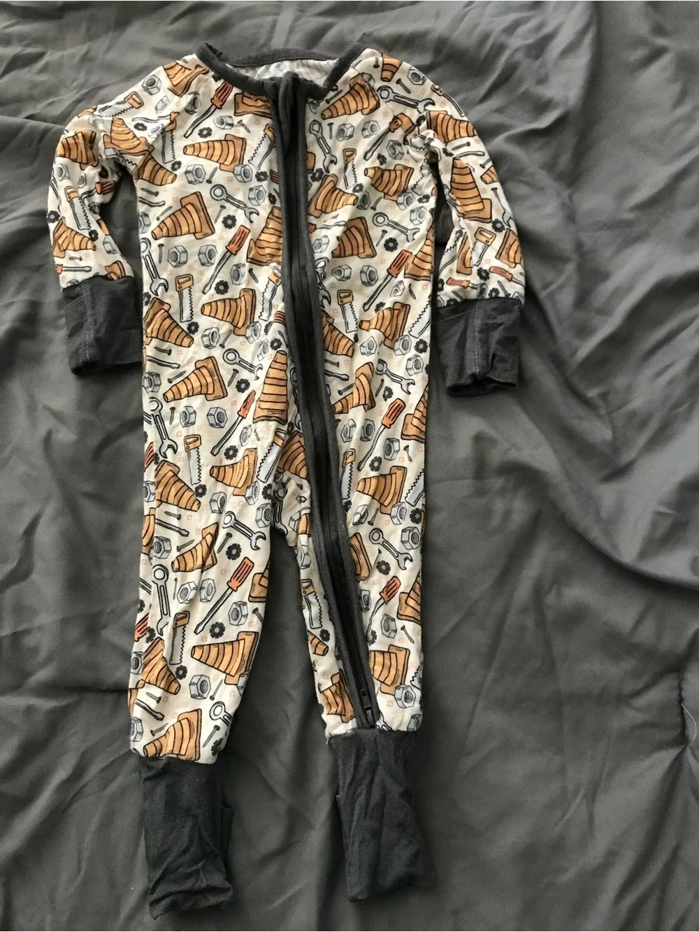 Construction Cone Print Footie Pajamas - Cream & Brown BAMBOO PJS